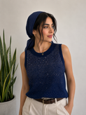 تاپ فول نگین زنانه پارچه کبریتی نخی با طراحی شیک و نگینکاری سرتاسری، مناسب استایل روزمره، کژوال، مهمانی و تابستانی بانوان.
